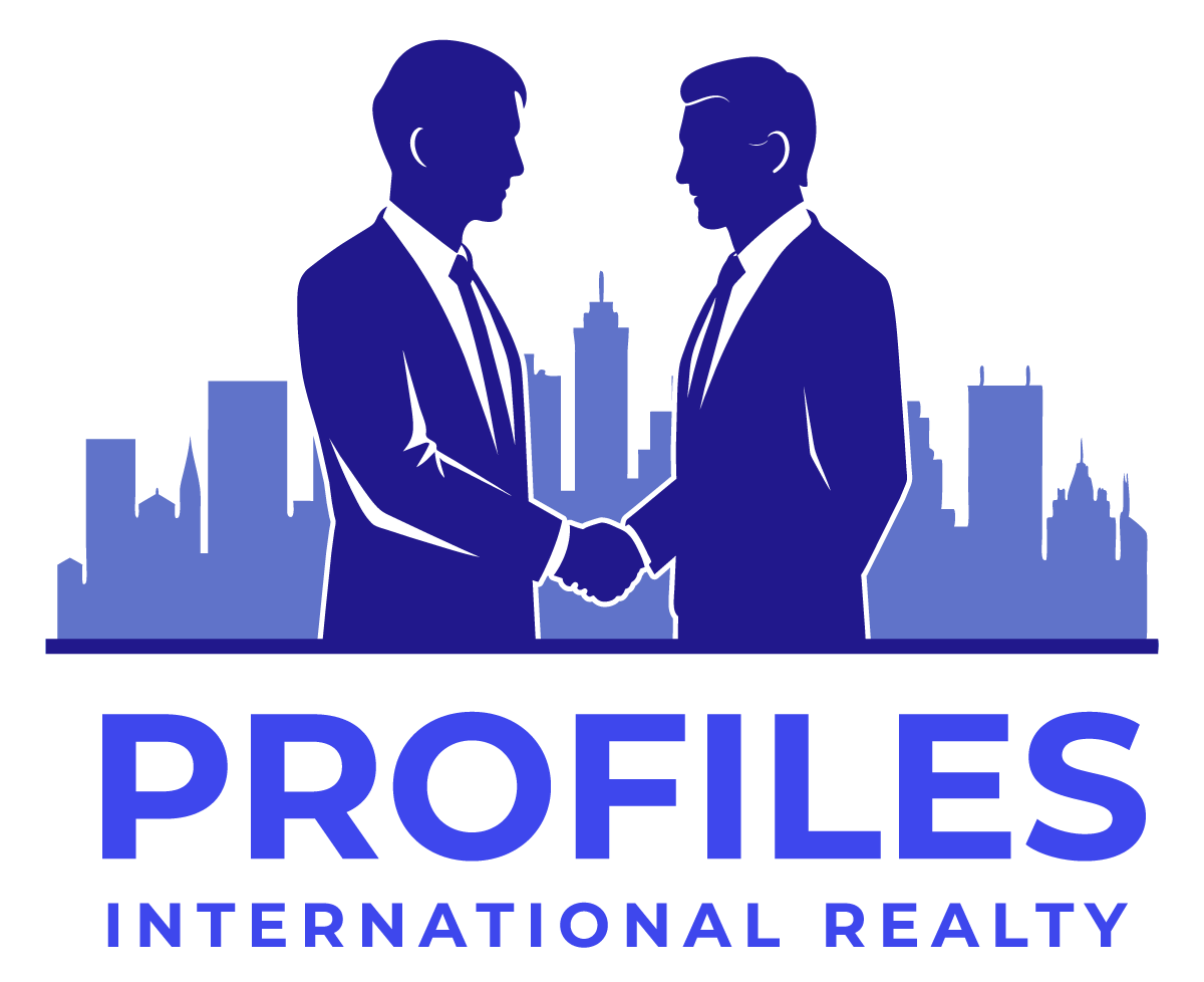 Logo showing two men shaking hands with city skyline and 'Profiles International Realty'.